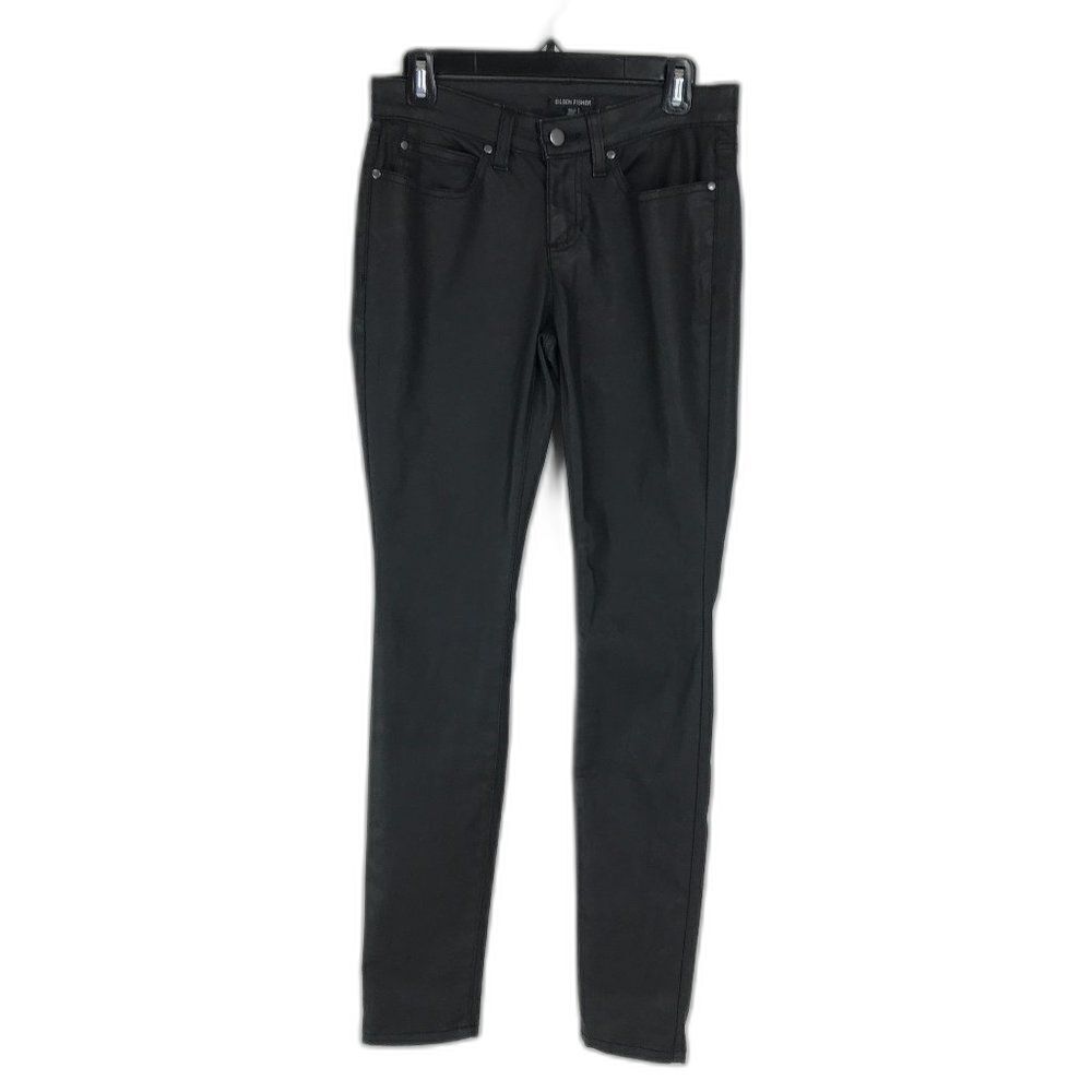Eileen Fisher Coated Skinny Jean Size 4 Black Organic Cotton Stretch Denim Waxed